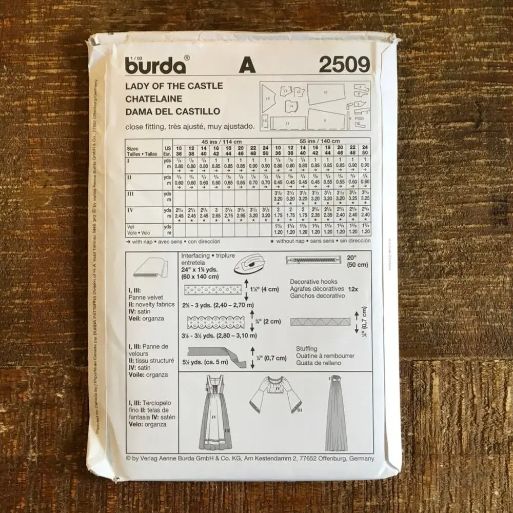 Burda Sewing Pattern 2509 Lady of the Castle Costume Renaissance 10-24 UNCUT